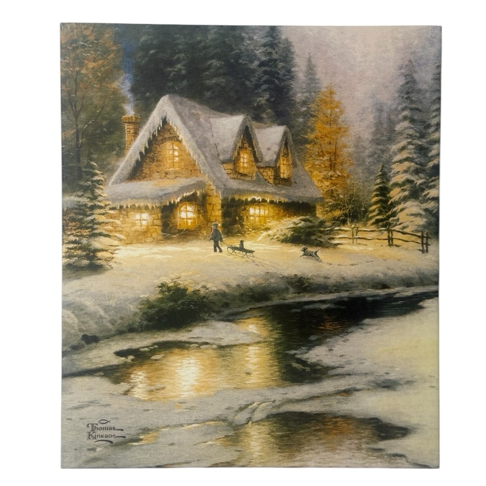 Thomas Kinkade Family At Deer Creek Canvas Print 14" x‎ 12" Winter Scene 2010